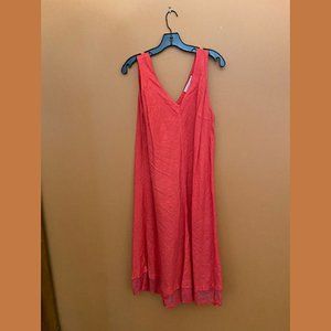 V-Neck Orange/Red Linen Dress Haris Cotton SZ L
